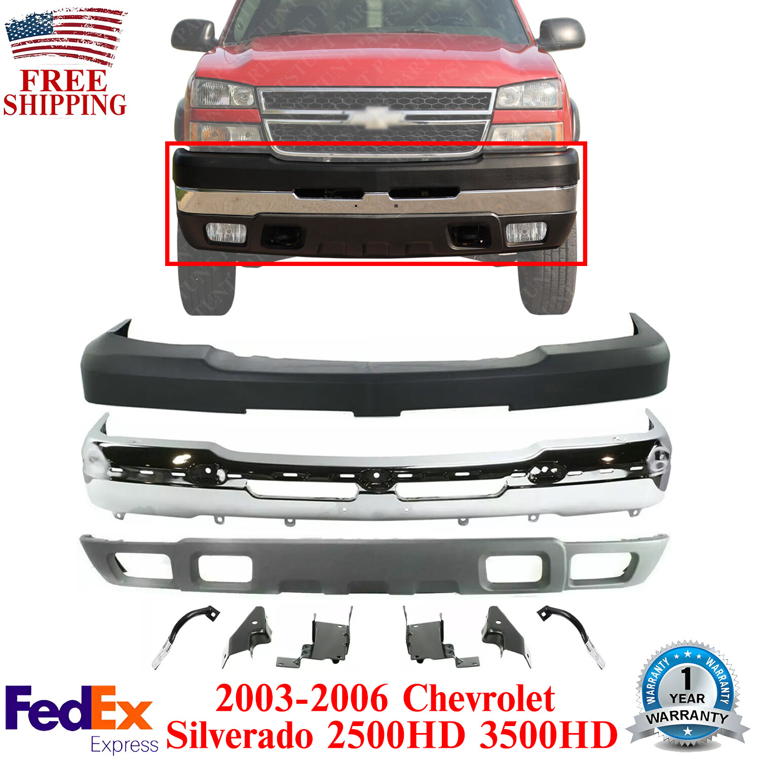 Front Bumper Chrome Kit Steel Set of 9 For 2003-2006 Chevy Silverado 2500HD 3500