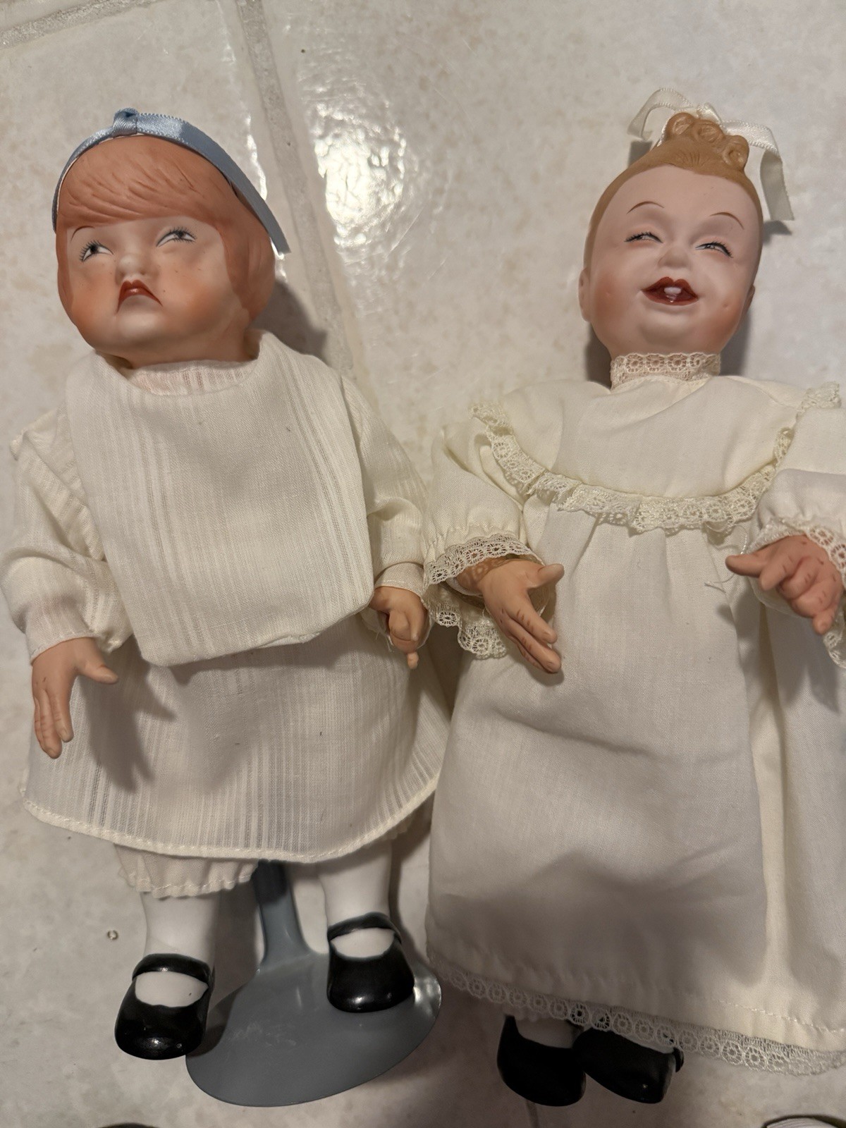 Pair Vintage Bisque Character Dolls 11” & 9.5” Pouting Smiling Baby Dolls