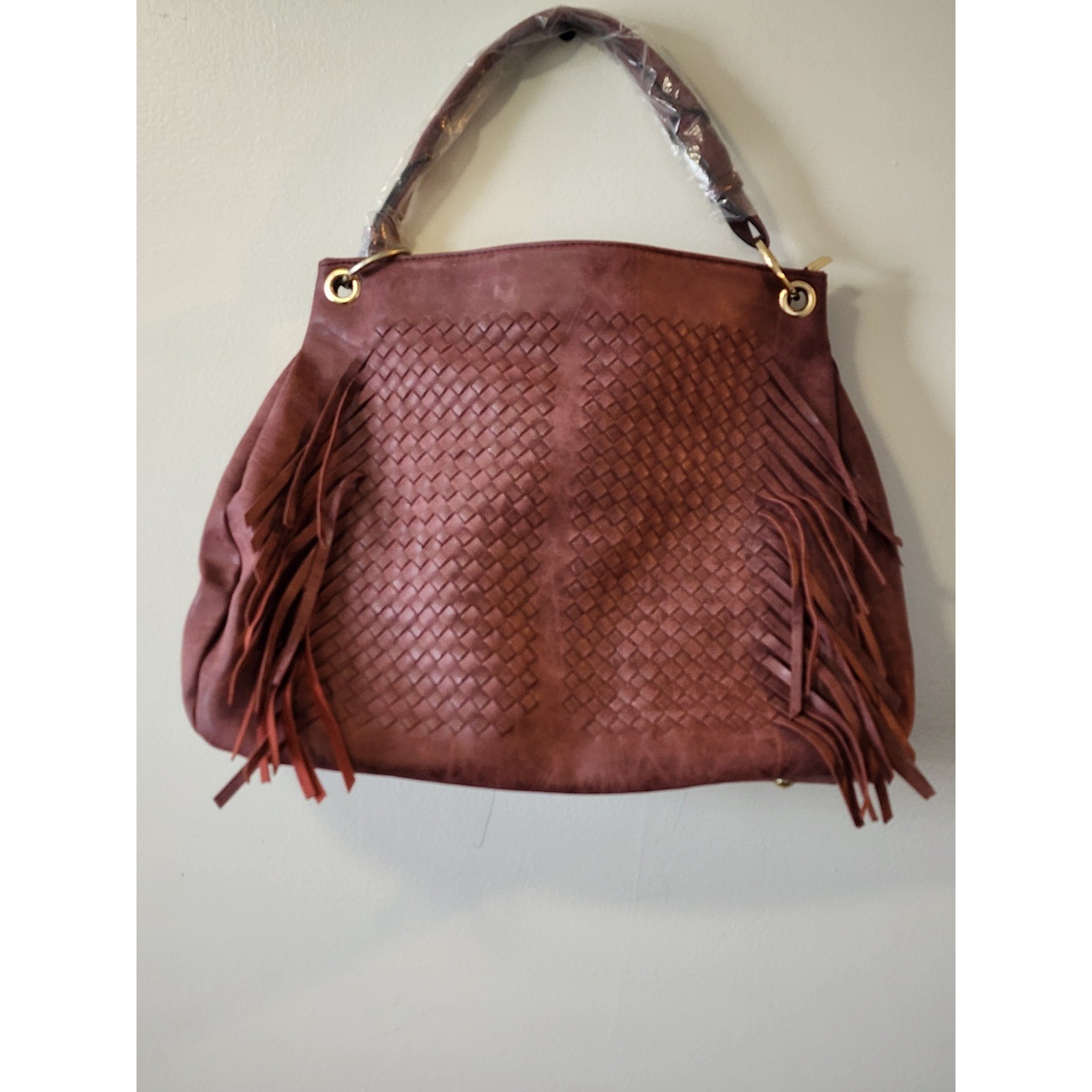 Mellow World NWOT Amethyst Faux Leather Woven Fringe Hobo Bag Burgundy Boho Mellow World NWOT Amethyst Faux Leather Woven Fringe Hobo Bag Burgundy Boho