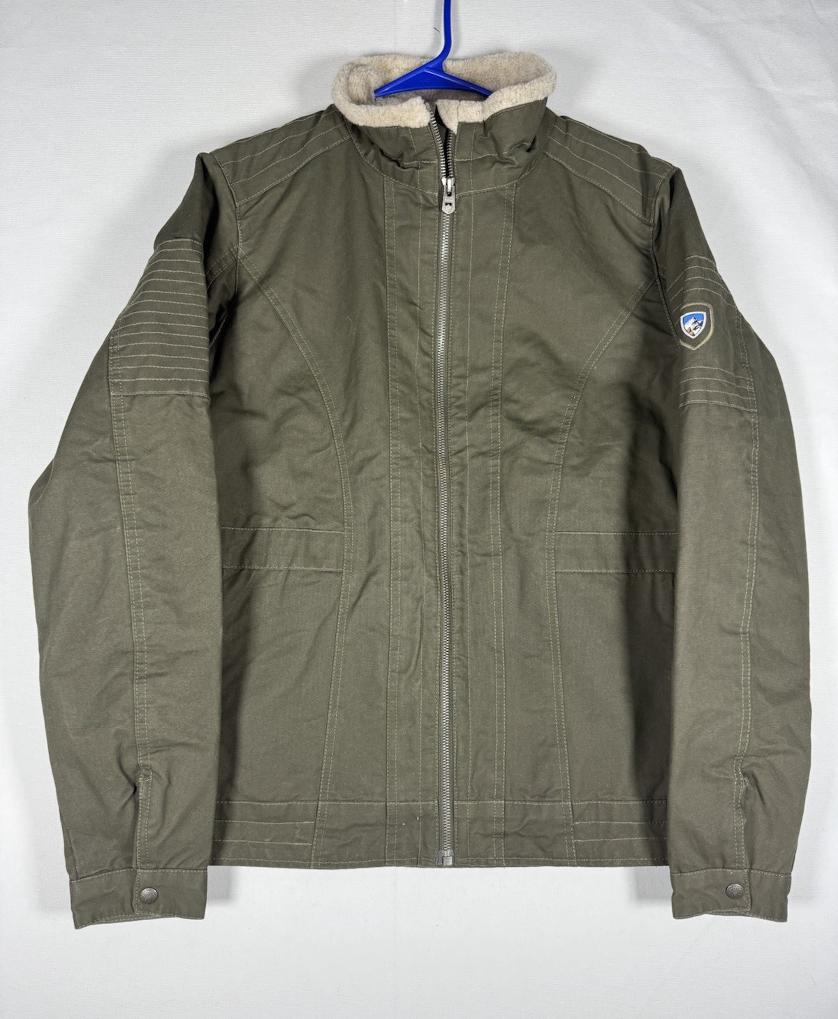 KÜHL Burr Lined Jacket Women’s Medium Olive Canvas Sherpa Collar Quilted Lining