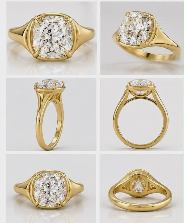Cushion 3ct IGI certified EVS1 14kt yellow/white gold ring size all available