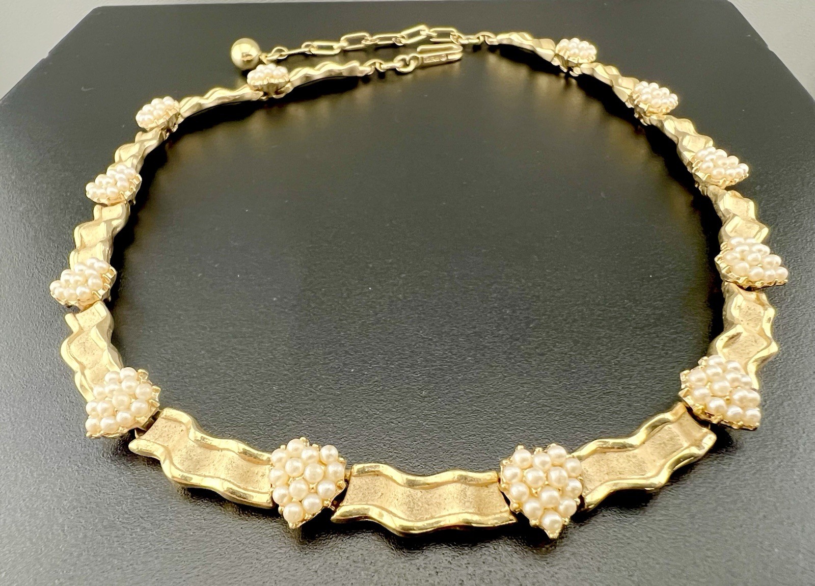 Vintage Trifari Birthday Ribbon Necklace Faux Pearl Gold Tone Choker Signed 16”