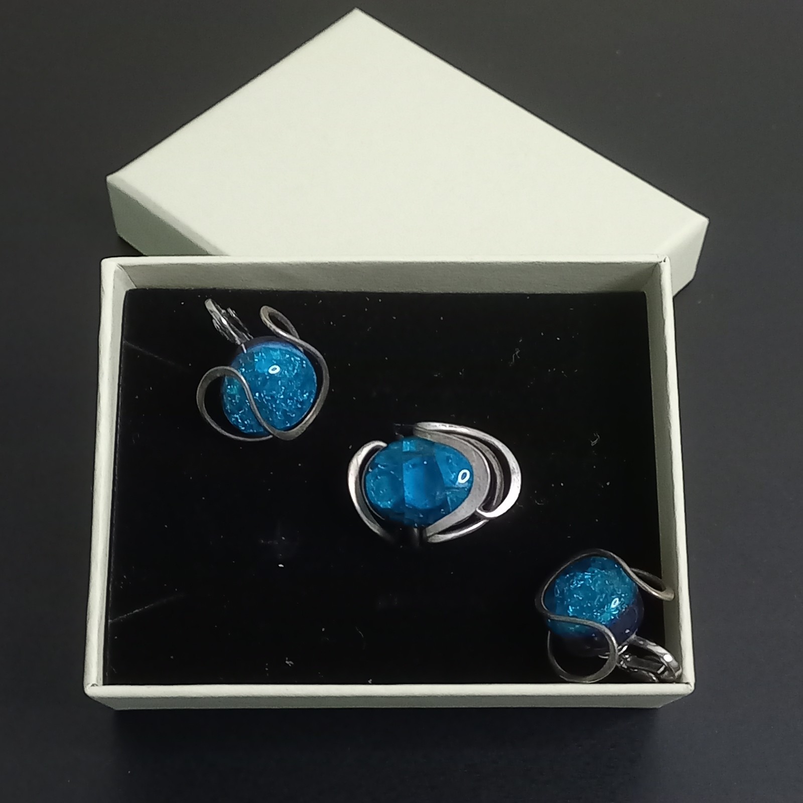 Attributed to Elsa Freund Modernist Sterling Elsaramic Glass Ring Earrings Set