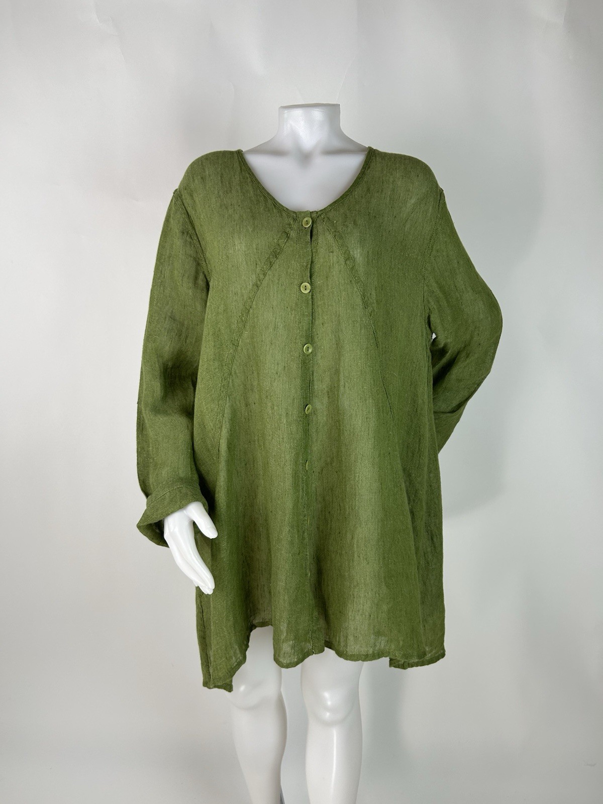 Flax Size Large Green 100% Linen Button Front Long Sleeve Tunic Top Lagenlook