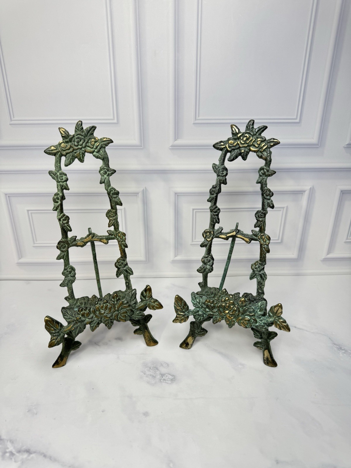 Vintage Pair of Brass Easels Floral Rose Green Verdigris Ornate Baroque Style 9”