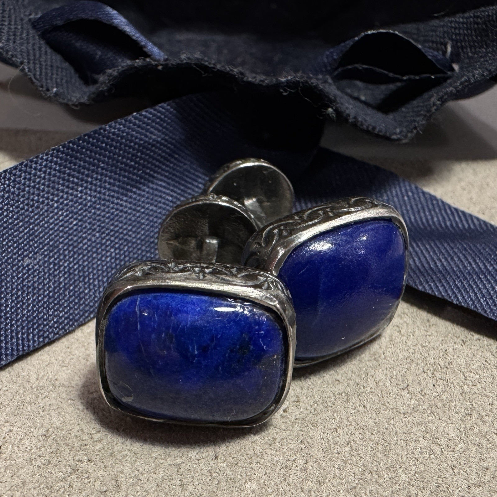 Konstantino marked 925 750 Sterling Lapis Lazuli Cushion Scroll Mens Cufflinks