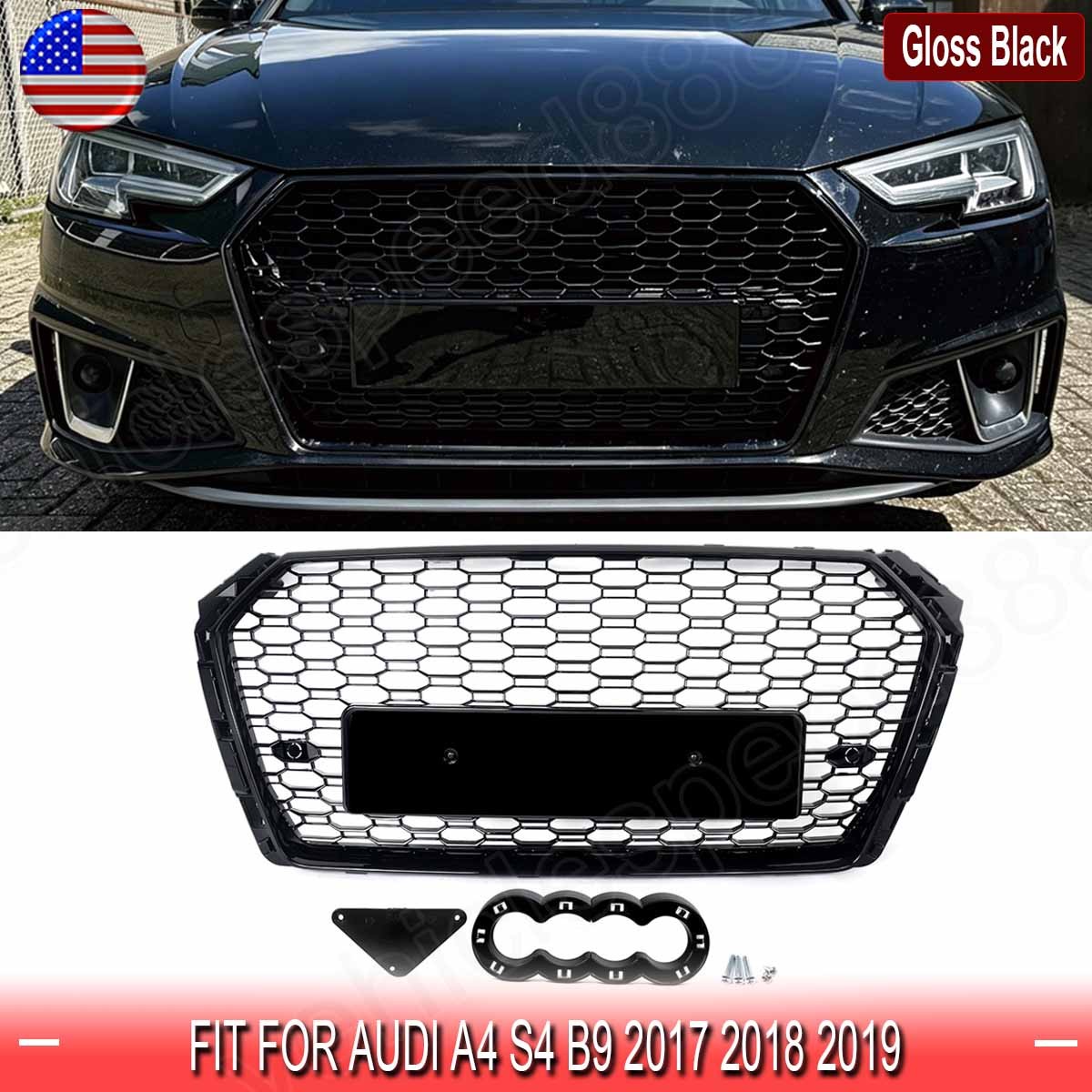 Fits 2017-2019 AUDI A4 S4 B9 Front Grill Grille Honeycomb Glossy Black RS4 Style