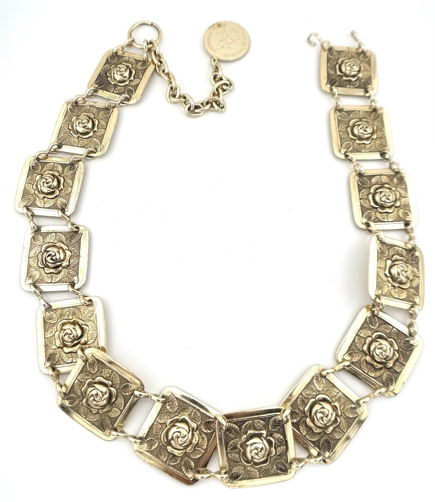 Vintage Gold Tone Rose Floral Medallion Chain Belt Coin Charm 30-36” 82g