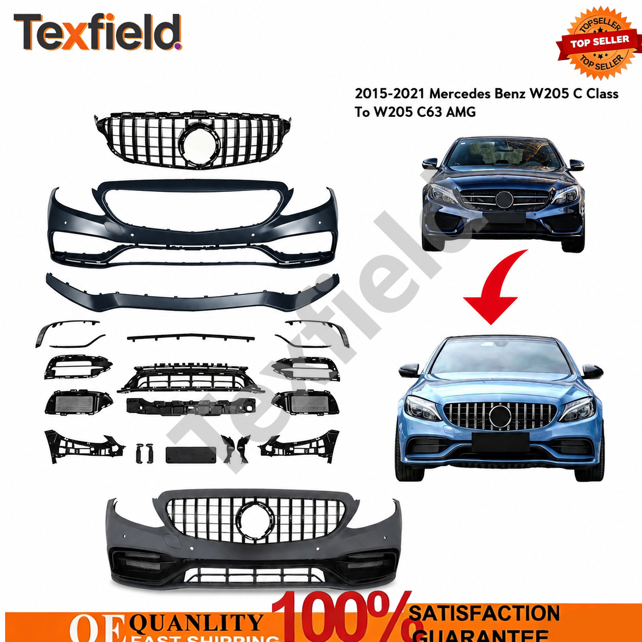Fits 2015-2021 Mercedes Benz W205 C Class To AMG-Style Complete Bumper Cover