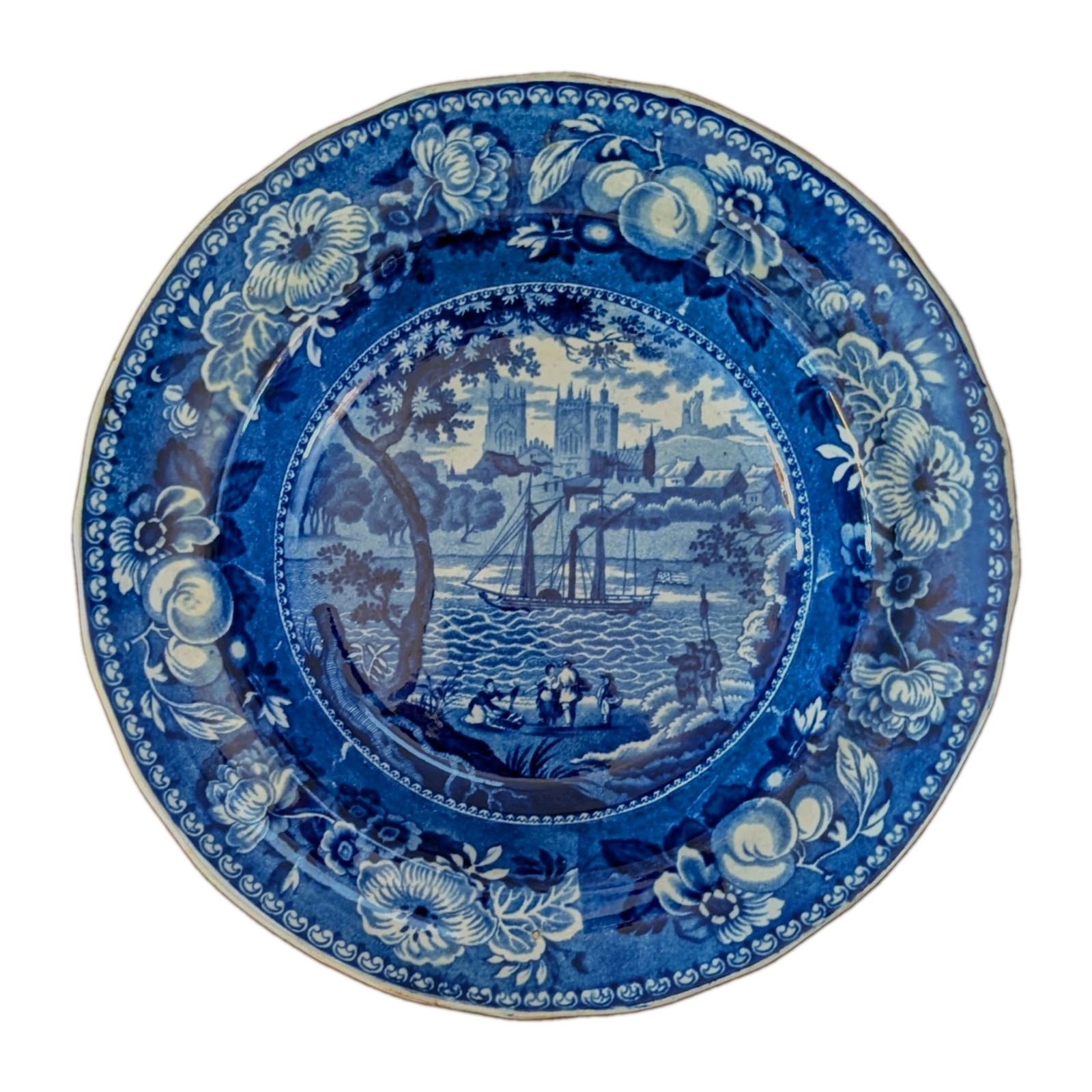 Antique 1820s Historical Dark Blue Transferware Soup Plate~w/American Steamship 