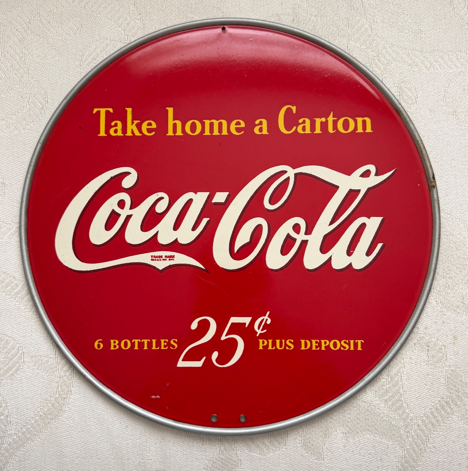 Antique Coca Cola “Take Home A Carton” Metal Double Sided Sign US MADE