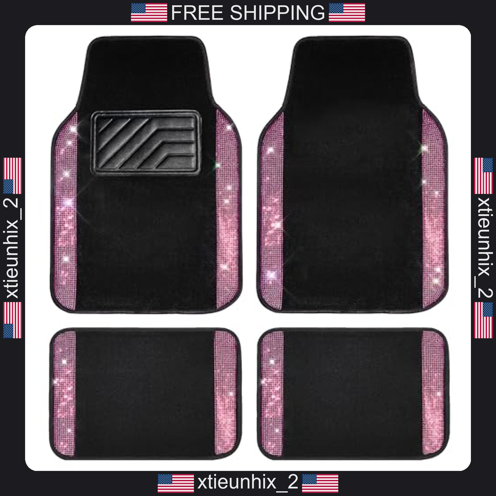 Car Pass Bling Diamond Car Floor Mats 4pcs Sparkly Rhinestones PVC Black Pink