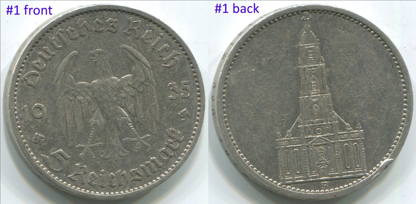 Germany 1935-A, 5 Mark Reichsmark silver coin with swastika KM#83 Potsdam Church
