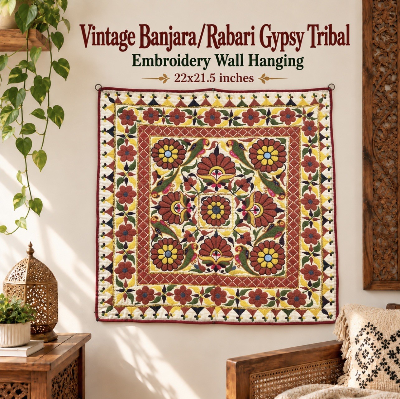 Banjara boho Gypsy hippie India Rabari vintage embroidery wall hanging 22x21.5