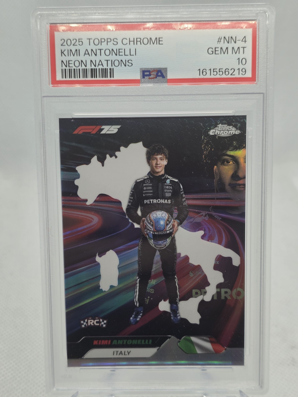 2025 Topps Chrome F1 Kimi Antonelli Neon Nations RC #NN-4 PSA 10 GEM MT Mercedes 2025 Topps Chrome F1 Kimi Antonelli Neon Nations RC #NN-4 PSA 10 GEM MT Mercedes