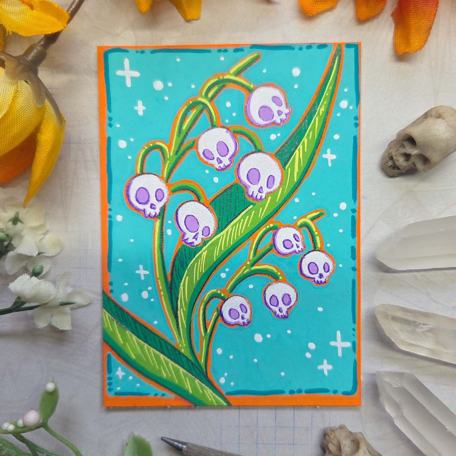 ACEO Lily Of The Valley Skull Flower Nature Original Acrylic Painting Ariel West