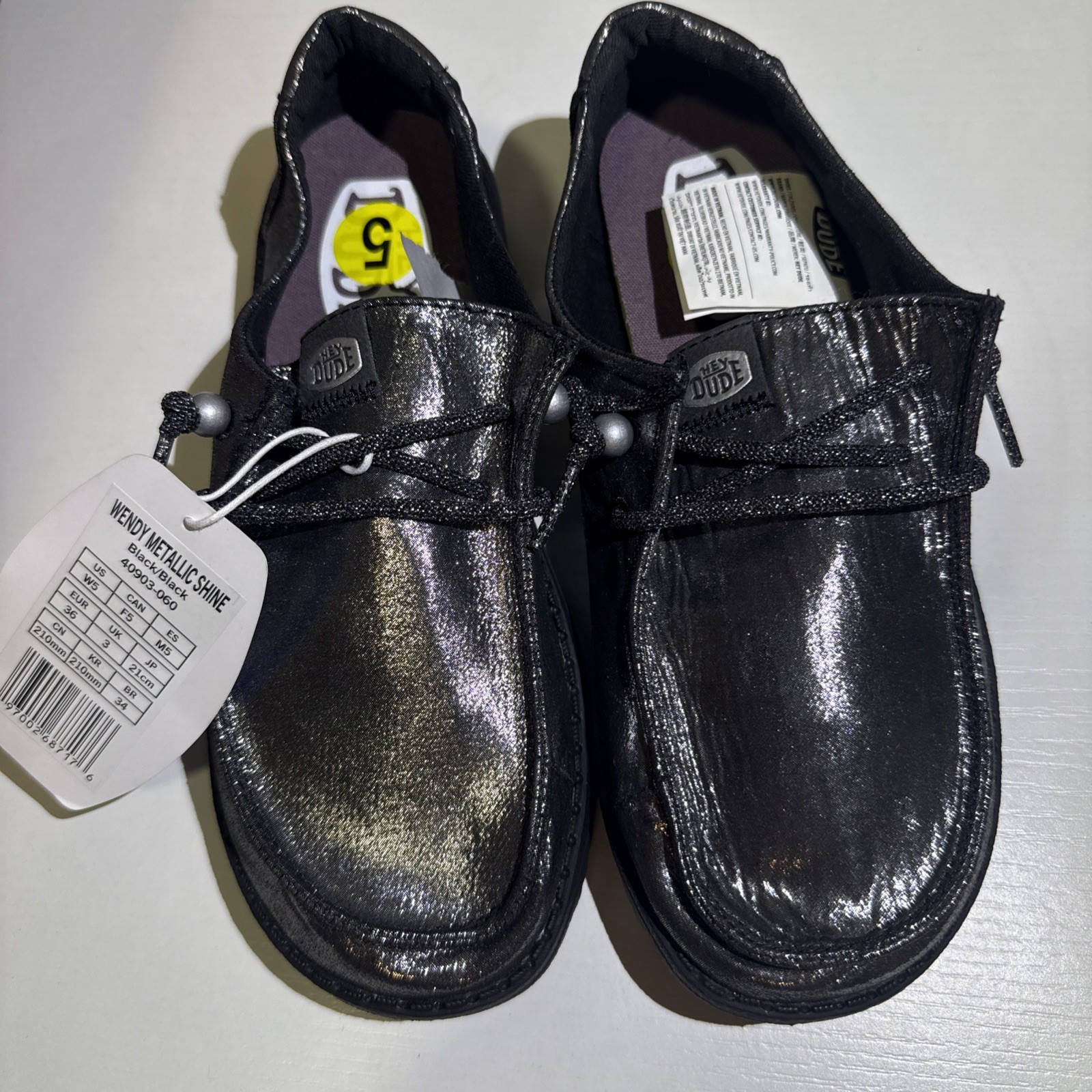 New Hey Dude Wendy Metalic Shine Sz 5 Black / Black
