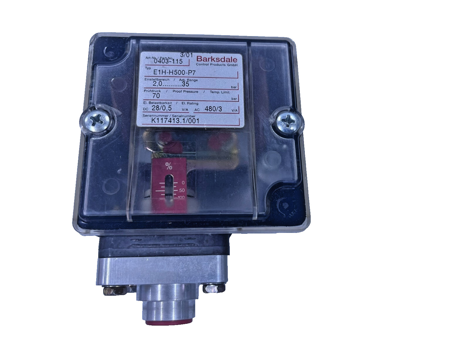 Barksdale Type E1H-H500-P7 P/N 0403-115 Pressure Switch 2.0 to 3.5 bar Barksdale Type E1H-H500-P7 P/N 0403-115 Pressure Switch 2.0 to 3.5 bar
