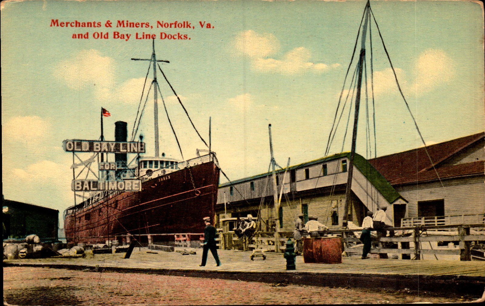 NORFOLK VIRGINIA OLD BAY LINE DOCKS MERCHANTS & MINERS c.1918 DB Postcard bk87