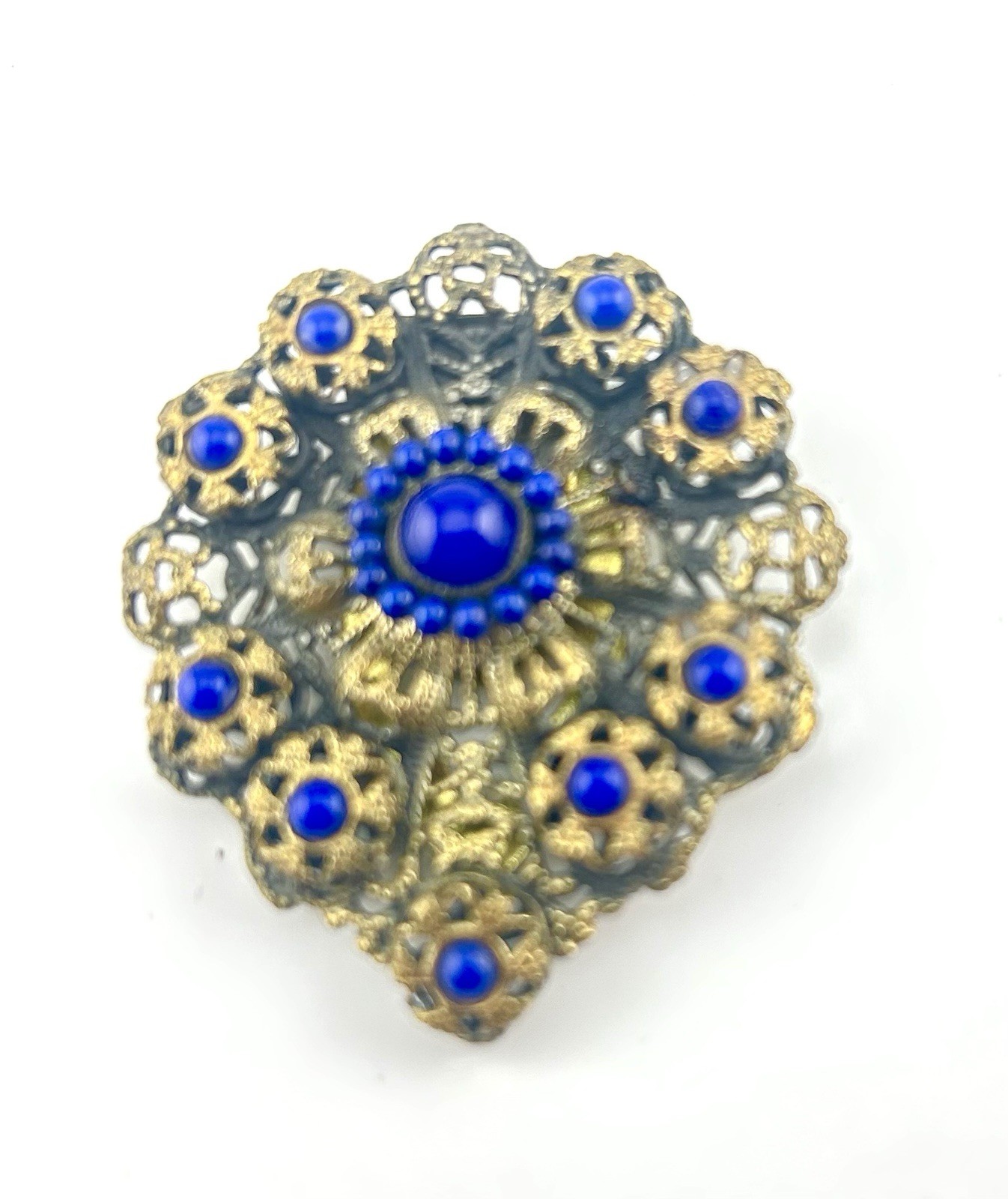 Vtg 30s Czech Brass Filigree and Blue Lapis Glass Cabochon Dress Clip Gold Tone