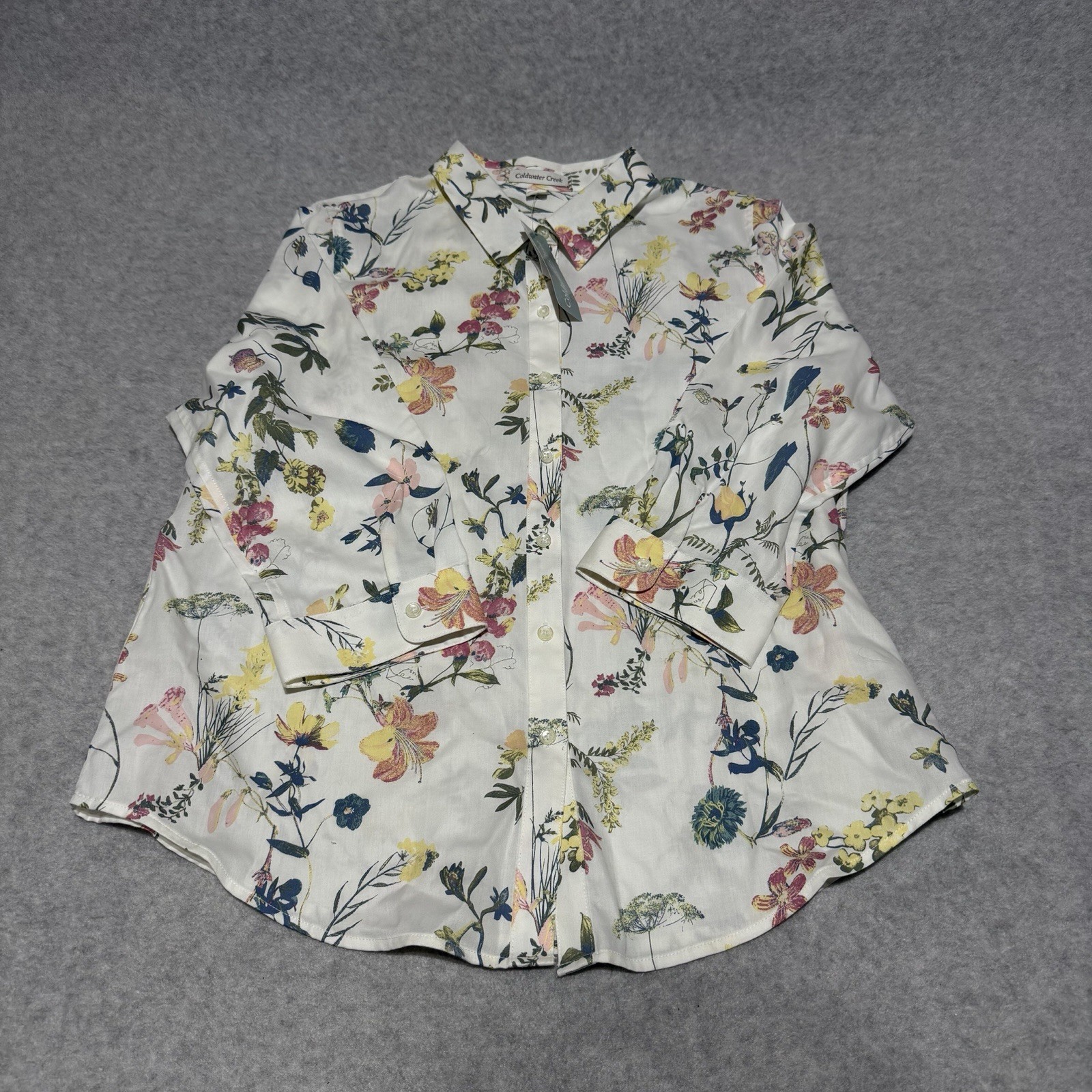 Coldwater Creek 100% Cotton Floral Pattern 3/4 sleeve White Shirt Size 16