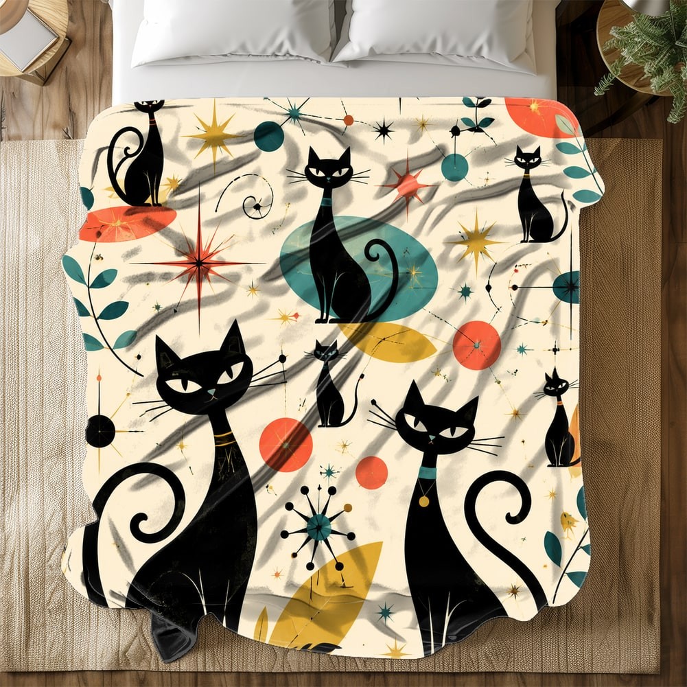 Retro Atomic Black Cats Coral Fleece Blanket Mid-Century Decor