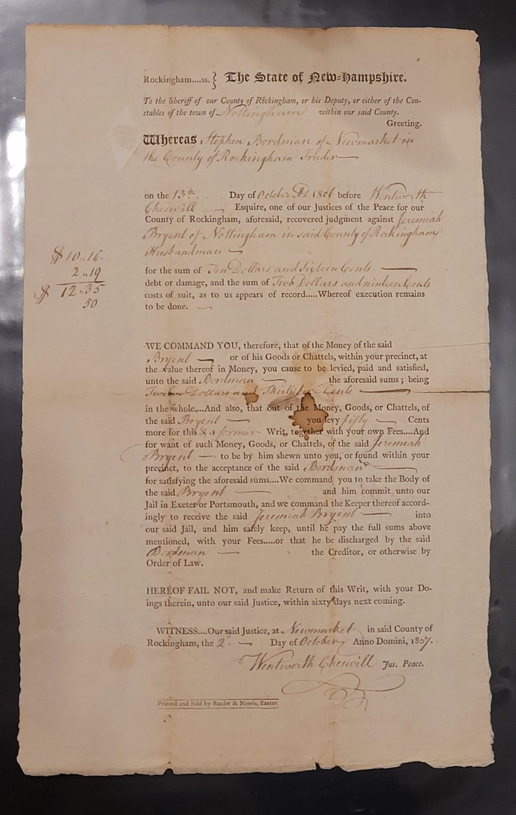 RARE 1807 Wentworth Cheswell Signed Legal Document N.H. African American