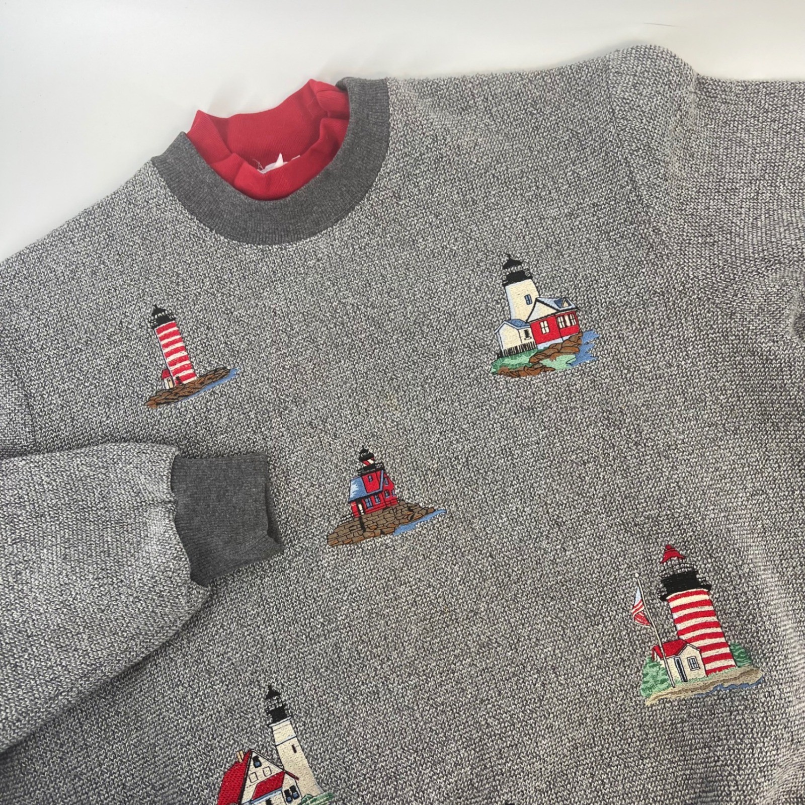 BonWorth Vintage Lighthouse Embroidered Sweatshirt Petite M Nautical Coastal BonWorth Vintage Lighthouse Embroidered Sweatshirt Petite M Nautical Coastal