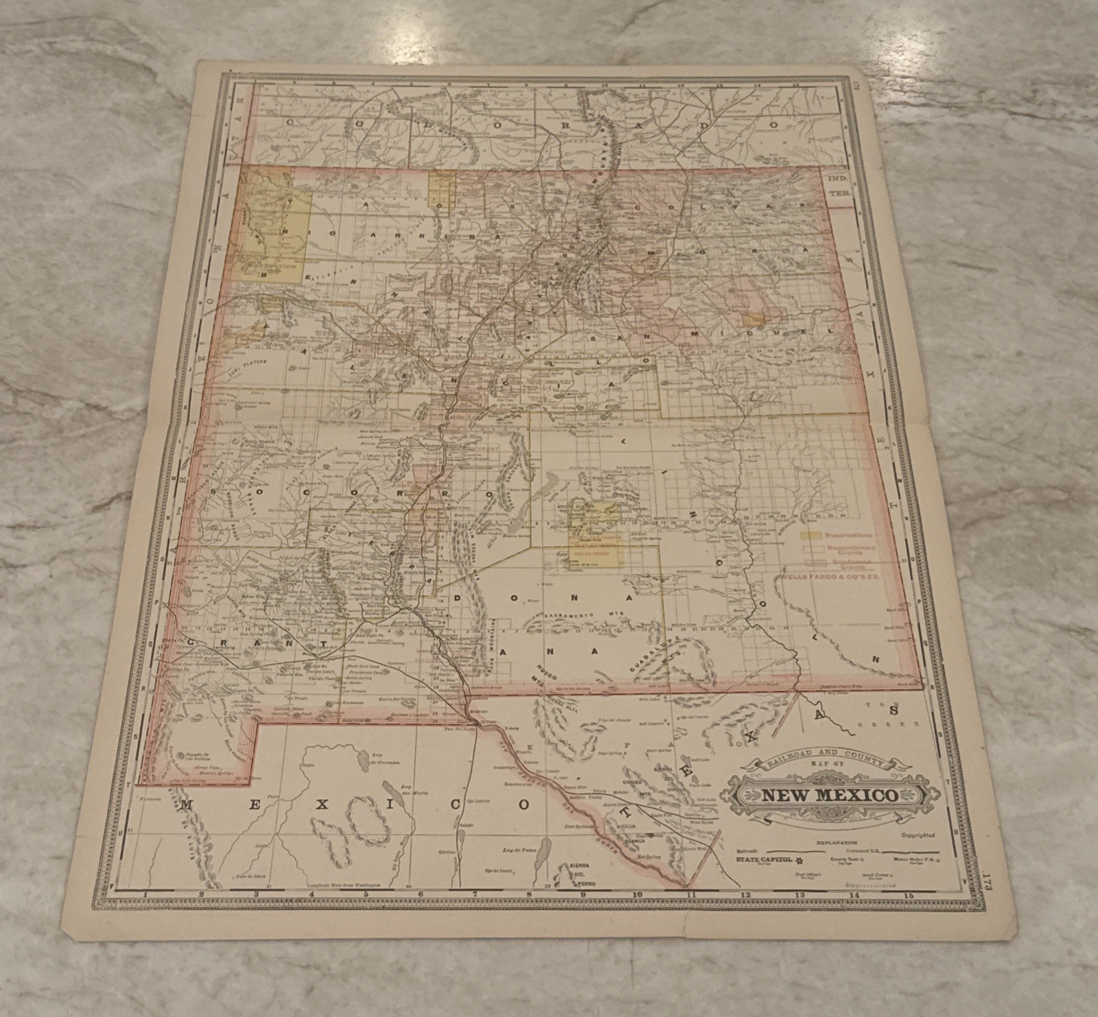 Antique c. 1888 Railroad County Map Of New Mexico NM George F Cram 23.25x17.25”