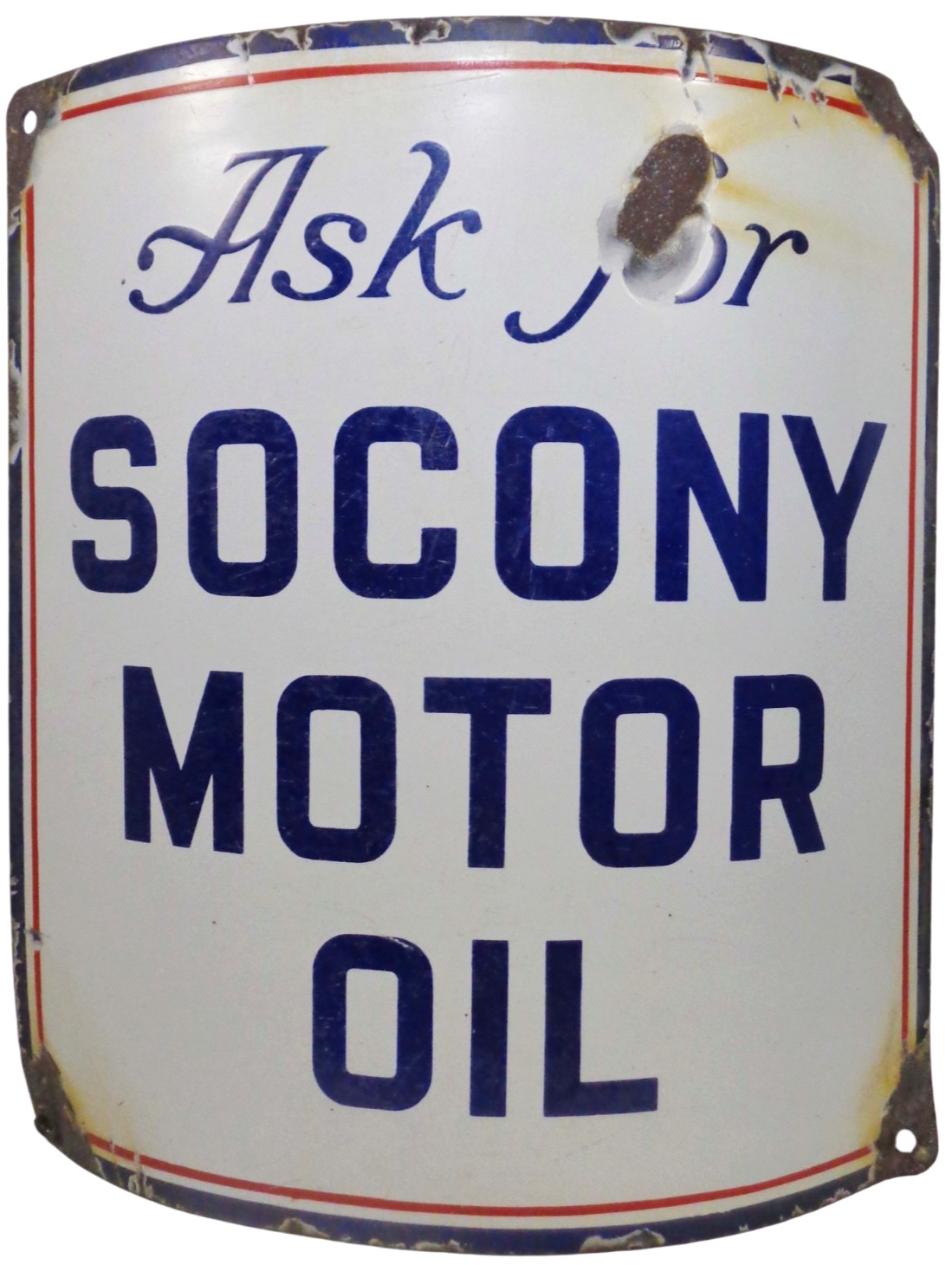 SOCONY MOTOR OIL c1920'S BAKED PORCELAIN ENAMEL CURVED BELLY PLATE GAS PUMP SIGN