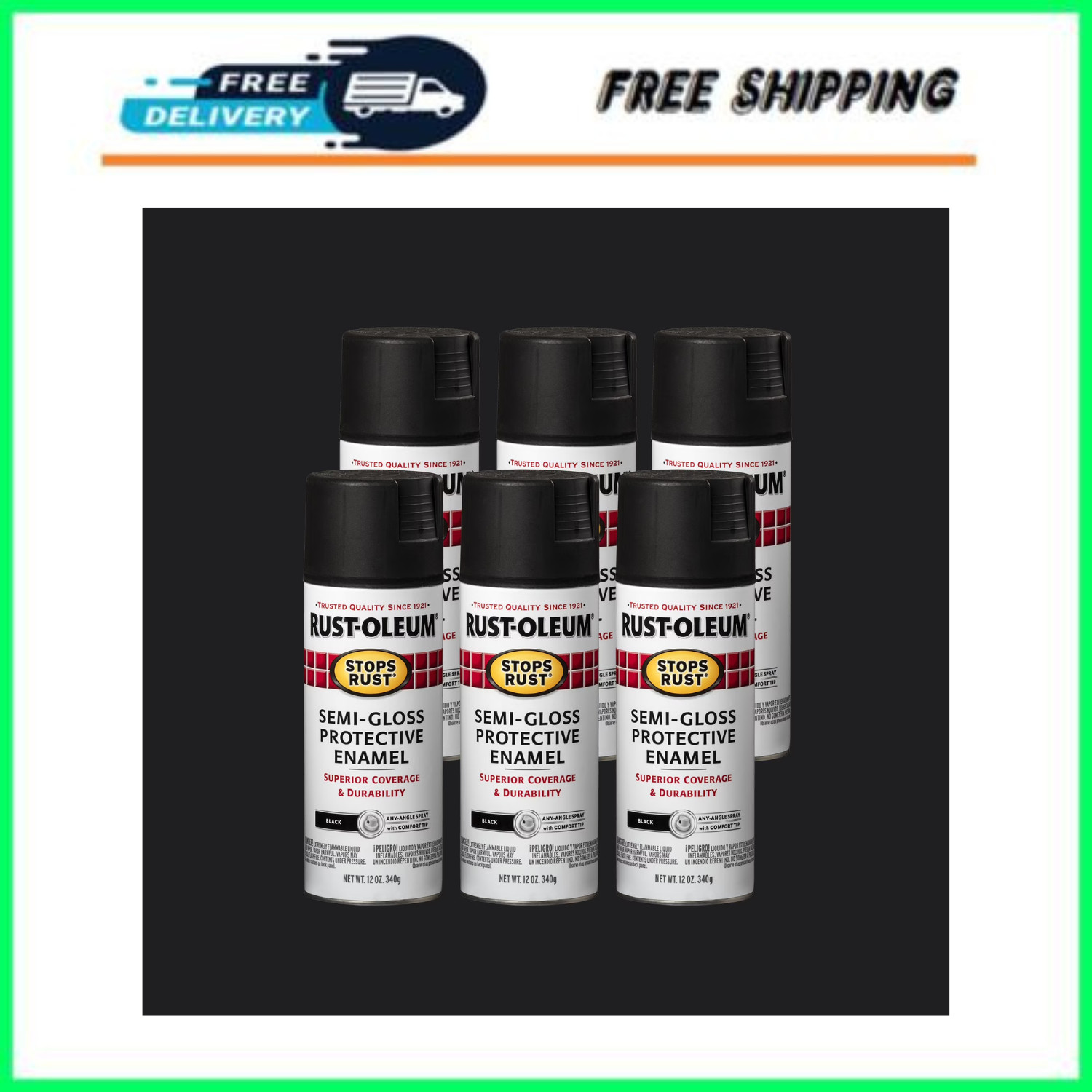 Rust-Oleum Stops Rust Semi Gloss Black Enamel Spray Paint 12oz 6 Pack