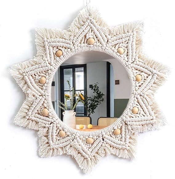 Mirror Wall Macrame Hanging Boho Round Decor Fringe Decorative Home Mirror-Boho