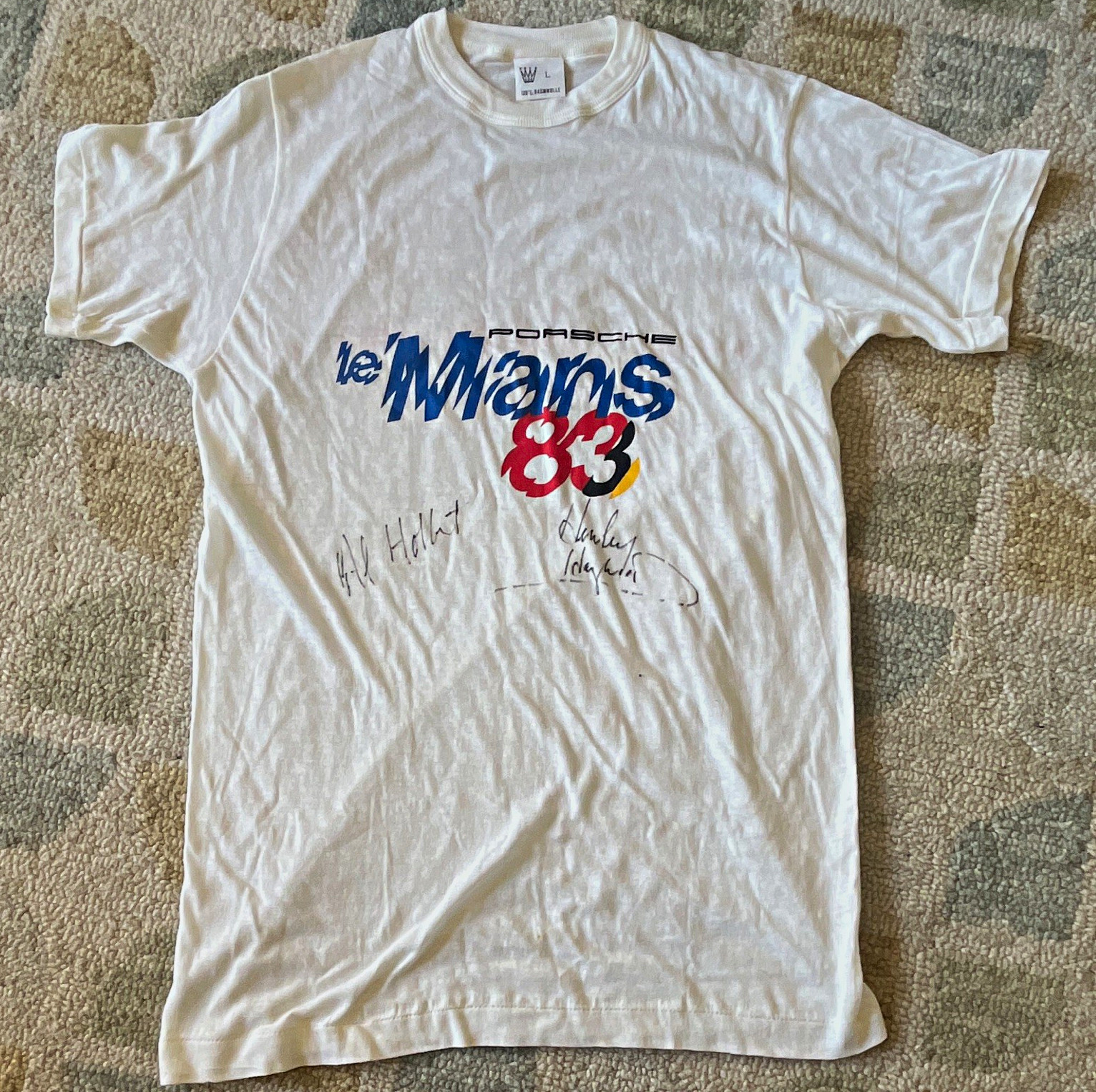 Porsche le’Mans 1983 shirt, signed ￼by Al Holbert and Hurley Haywood. vintage