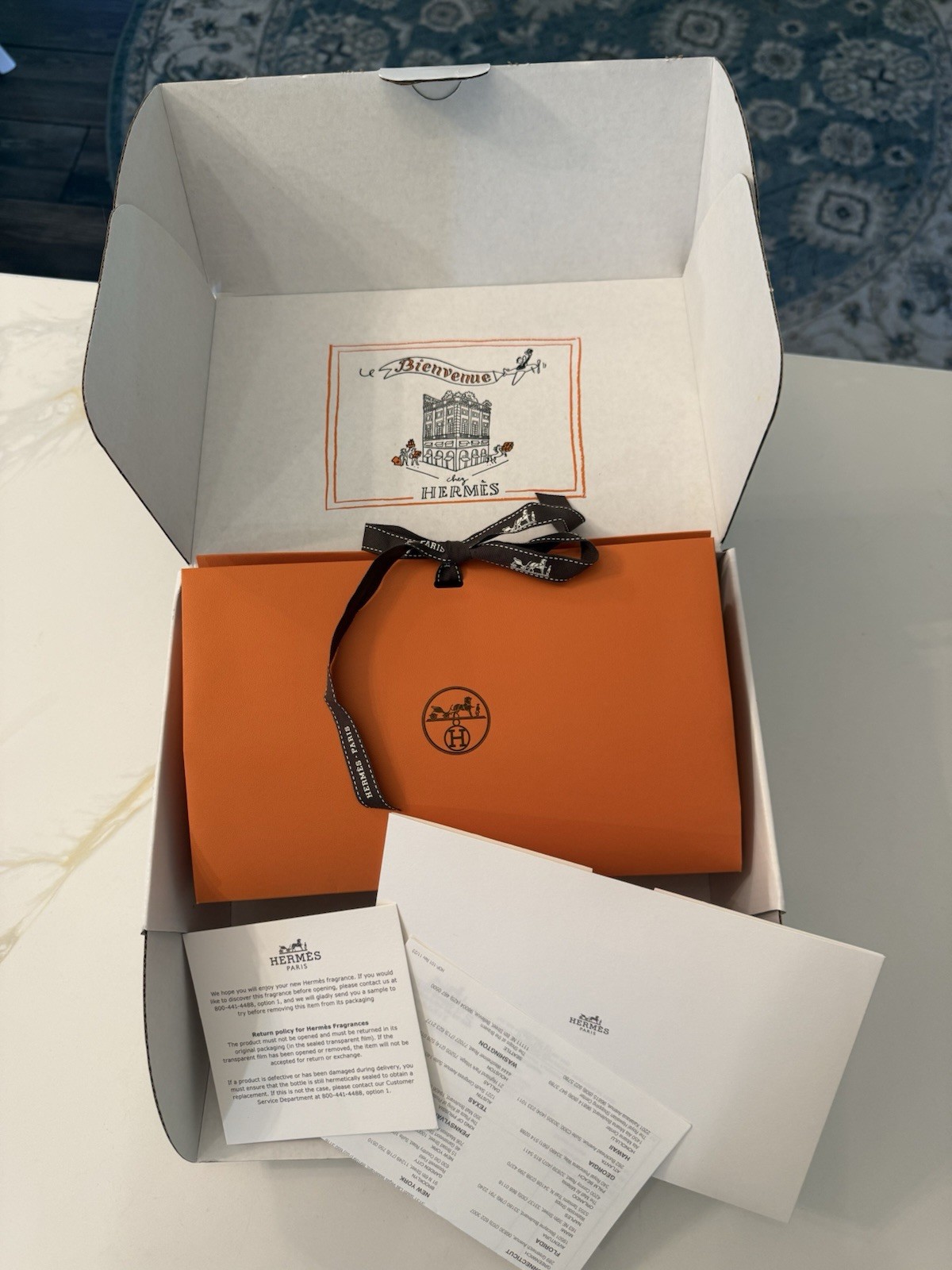 HERMÈS Orange Paper Gift Bag w/ Ribbon, Box, Tissue Paper & Paperwork