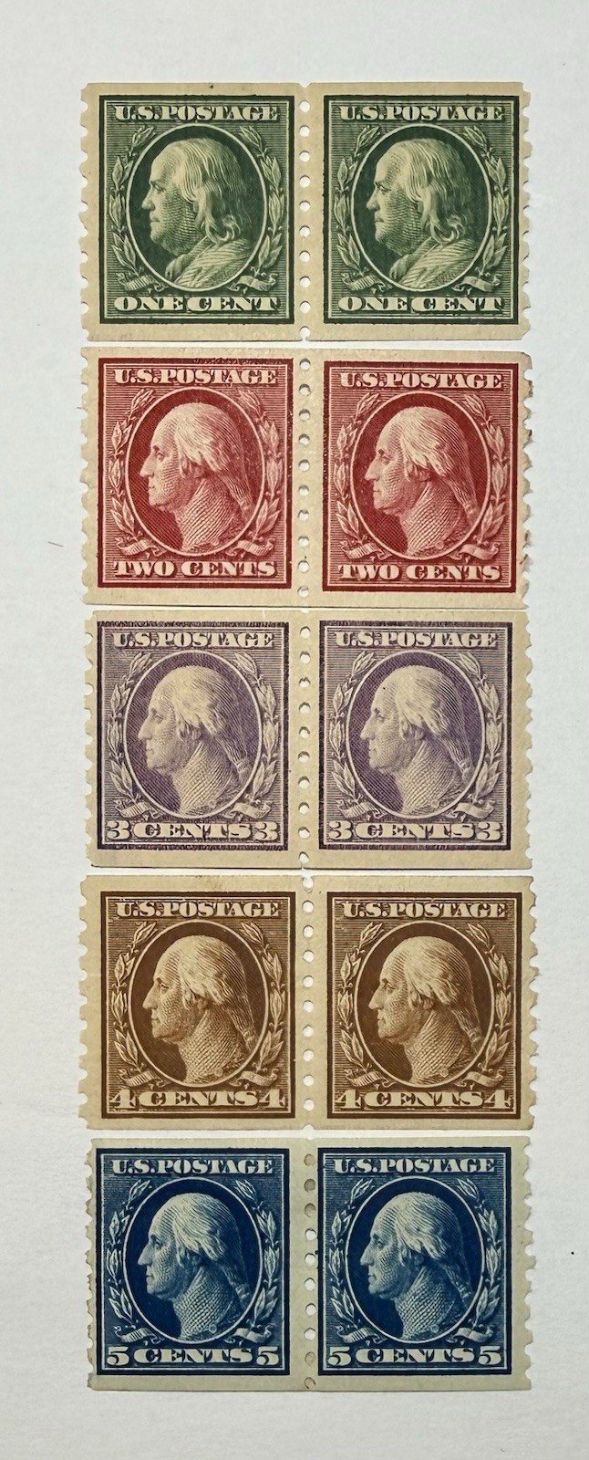 US #392-396 1910 1c-5c Wash/Franklin perf 8.5 vert.Horiz. Pairs, MH/VF; $670 SCV