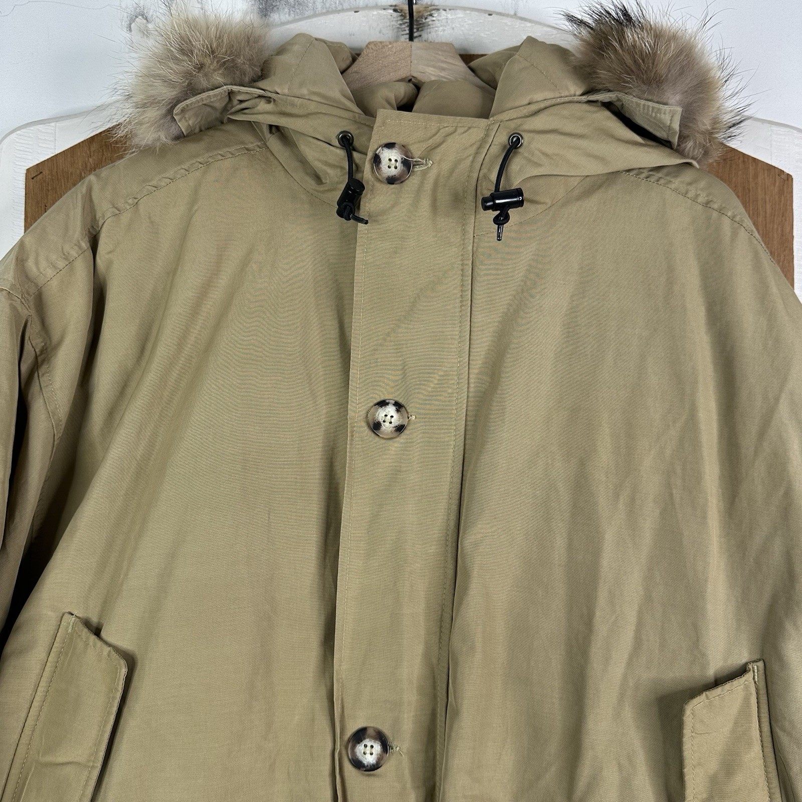 VTG Woolrich Coat Mens 3XL Tan Full zip Button Fur Hood Goose Down Insulated USA VTG Woolrich Coat Mens 3XL Tan Full zip Button Fur Hood Goose Down Insulated USA