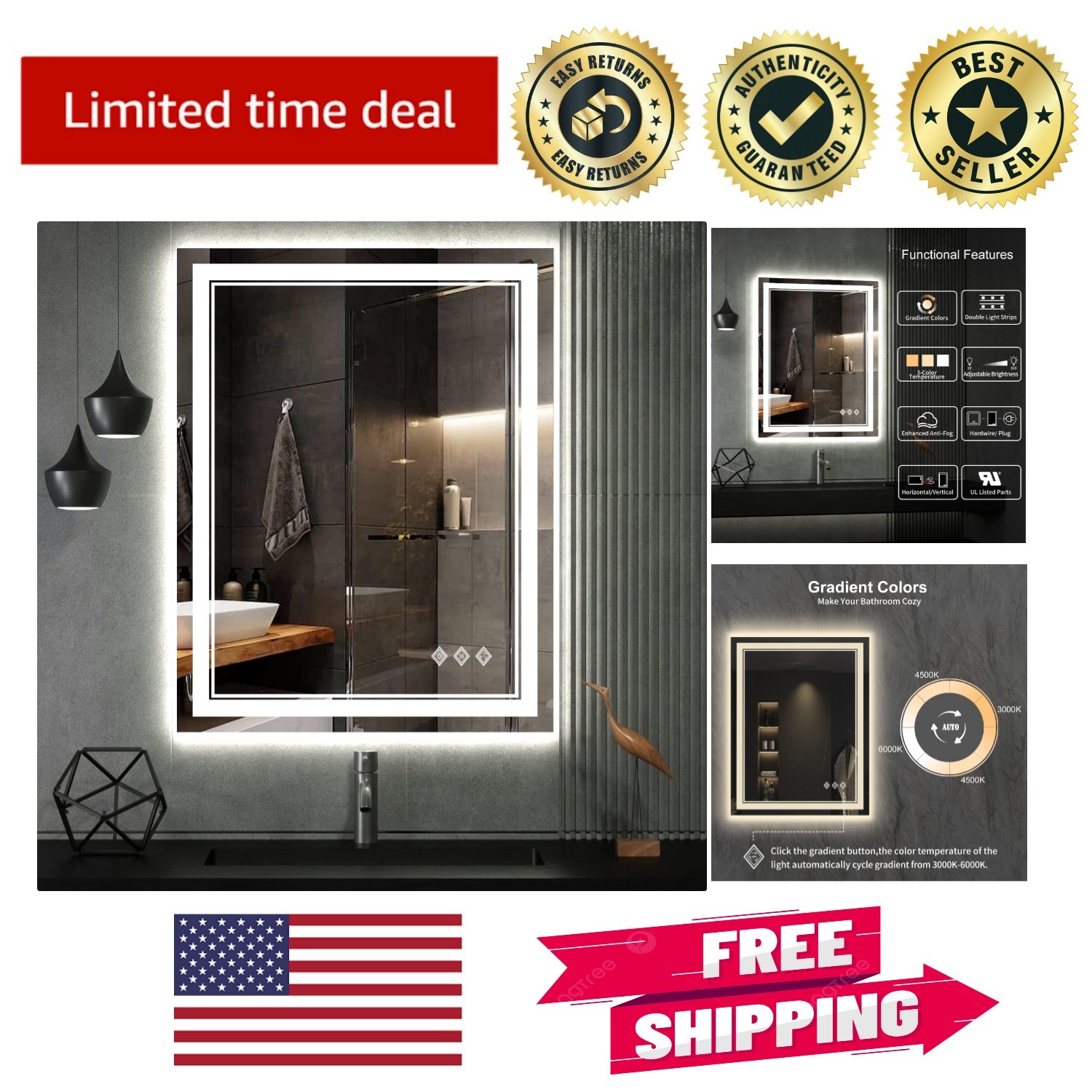 24x32 Inch Lighted Bathroom Mirror with Gradient Color Options & Polished Finish 24x32 Inch Lighted Bathroom Mirror with Gradient Color Options & Polished Finish