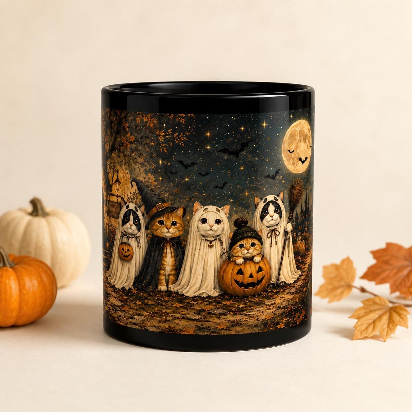 Vintage Halloween Cat Mug, Ghost Cat Coffee Cup, Black Ceramic Mug, Spooky Cat