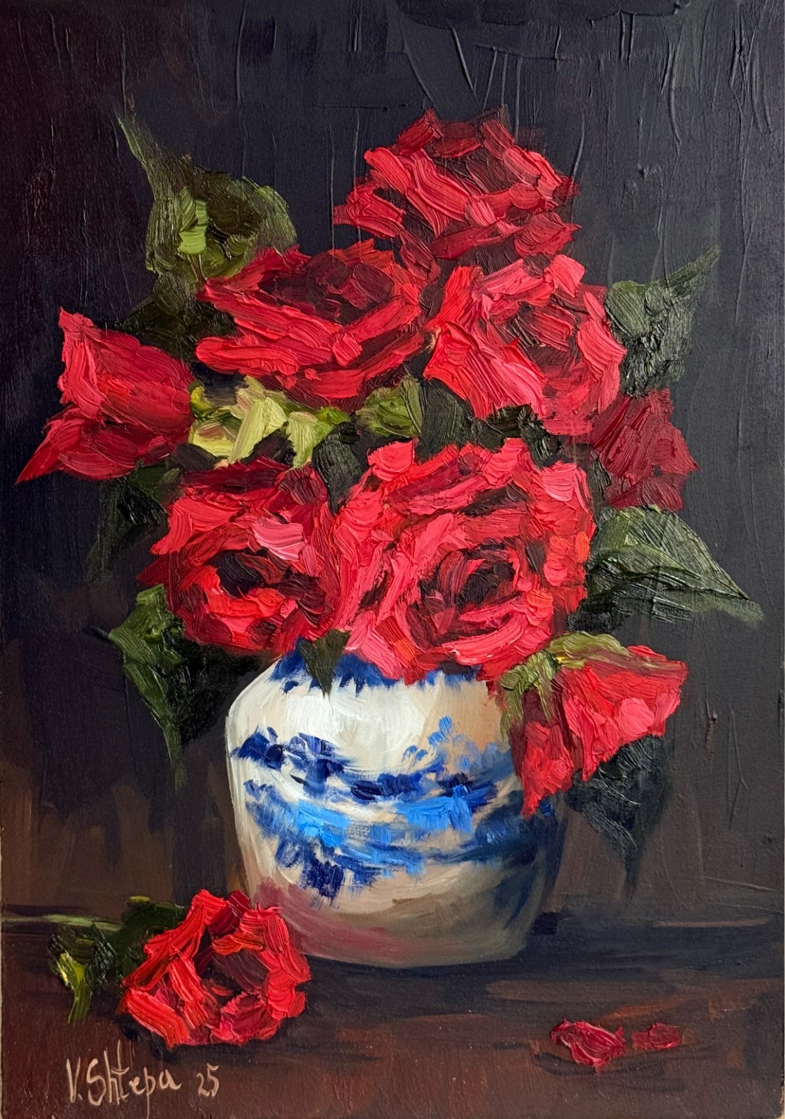 Original Oil Painting Red Roses Vintage Vase Flowers Still life Signed Art Original Oil Painting Red Roses Vintage Vase Flowers Still life Signed Art