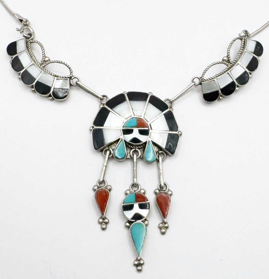 Zuni Sun Face Necklace Marked R. Lateyice Turquoise Onyx Mother of Pearl 925