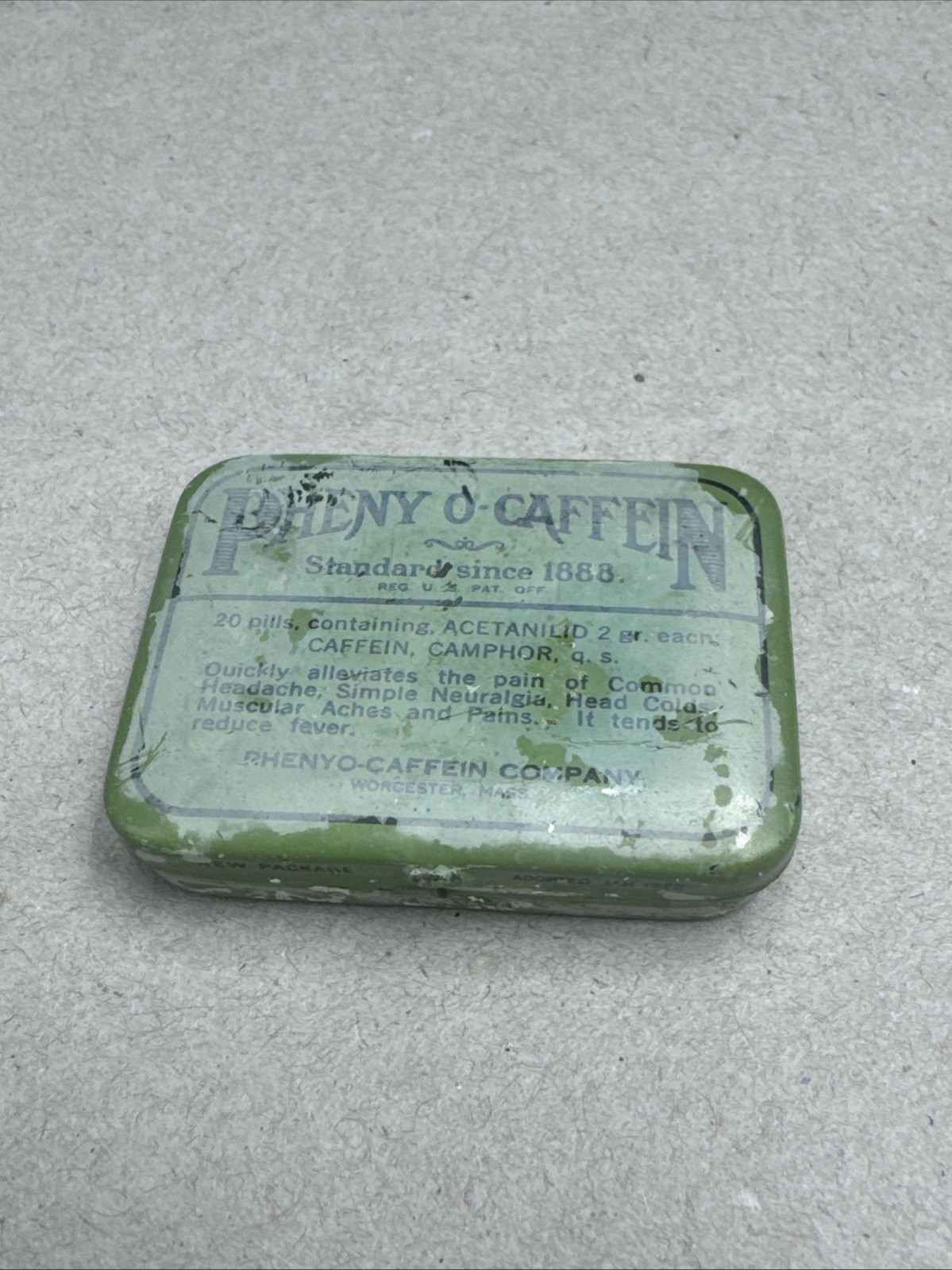 Ant. Pheny O-Caffein Patent Medicine Tin Formulated in 1888 Cures What Ails You