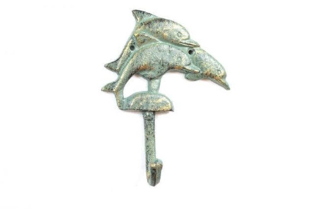 Antique Seaworn Bronze Cast Iron Dolphins Wall Hook 6\