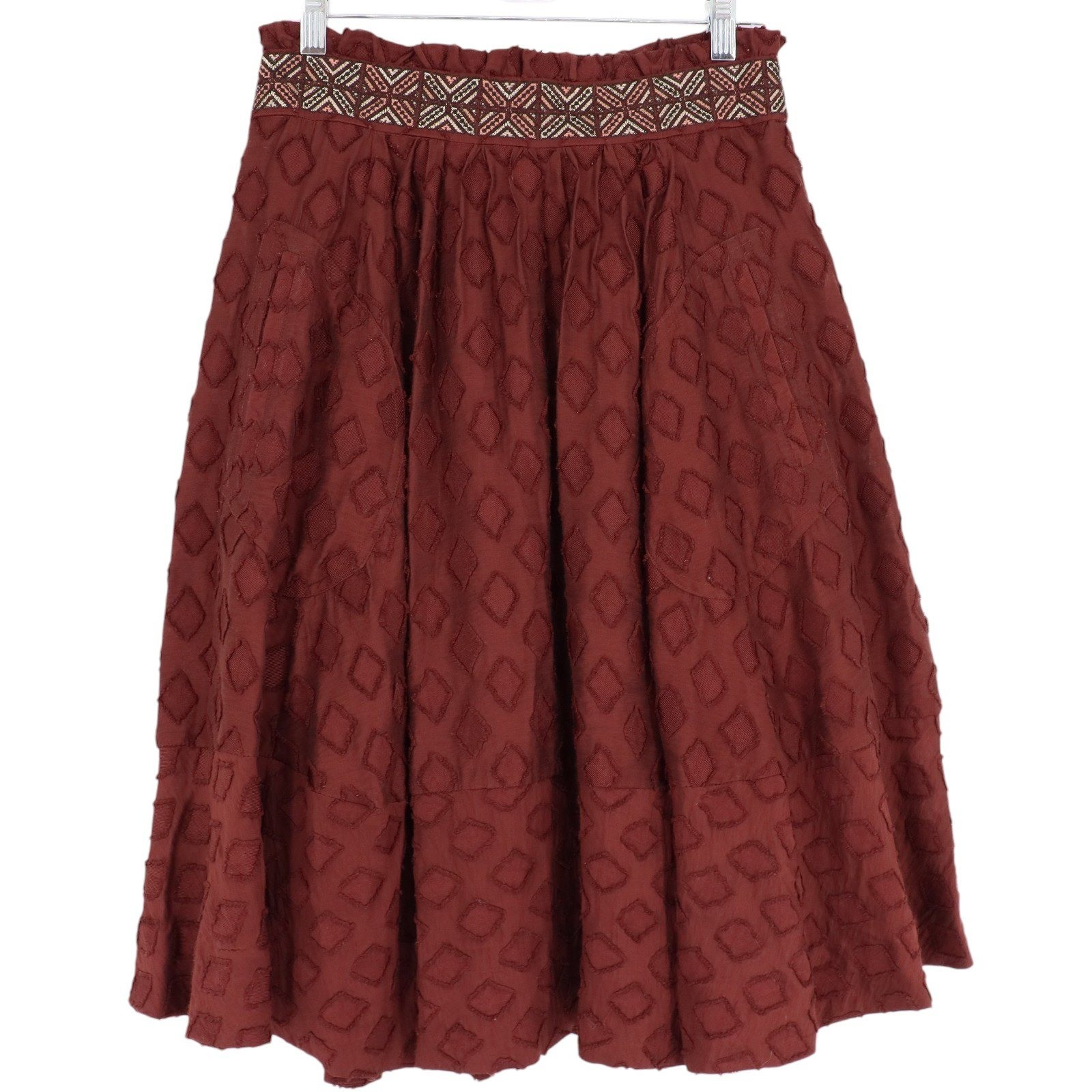 Maeve by Anthropologie Diamond-Cut Midi Skirt Size 4 Burgundy Embroidered Waist