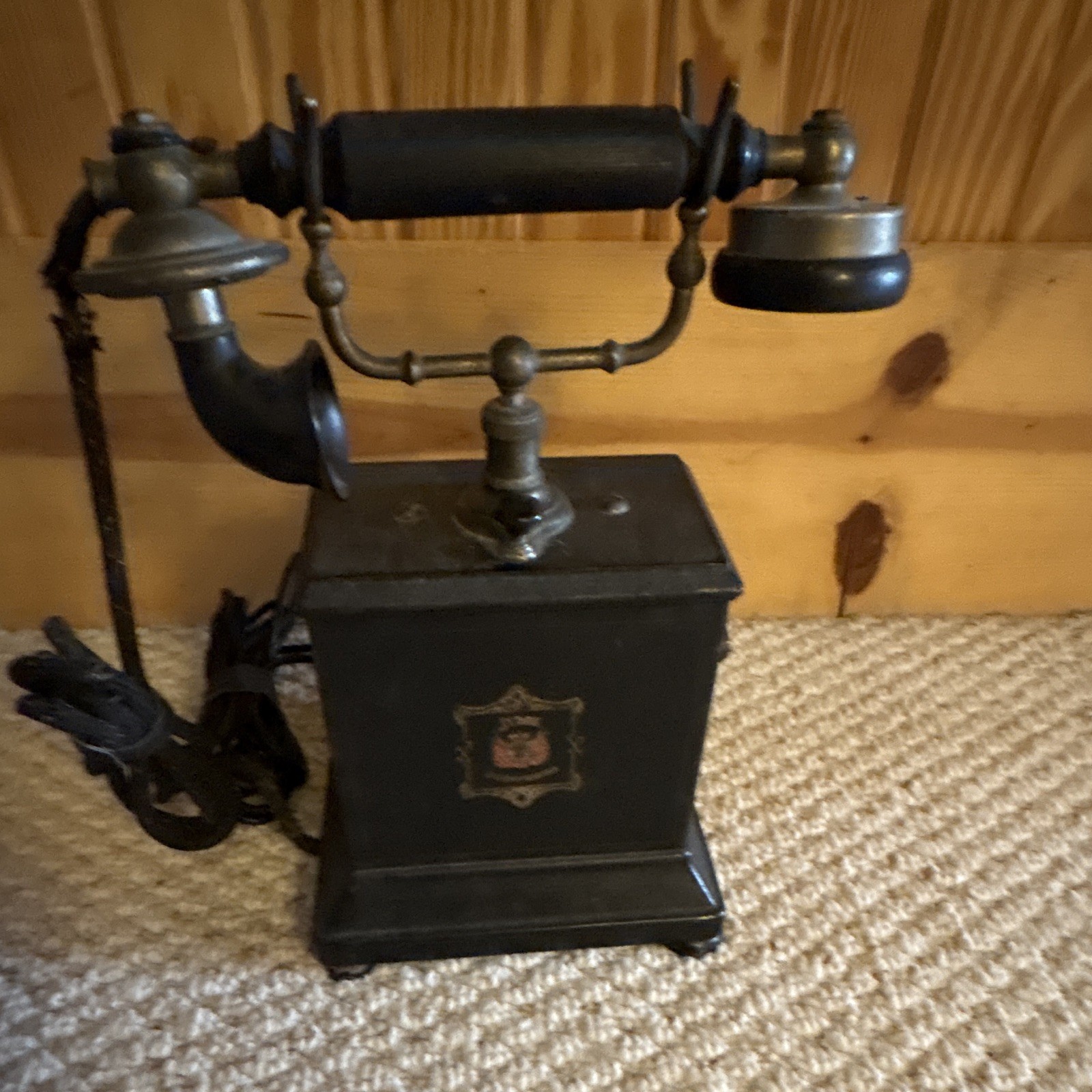 Antique-Style Pre-1940 Candlestick Telephone w/ Wall Bracket, Twin Bells, Black