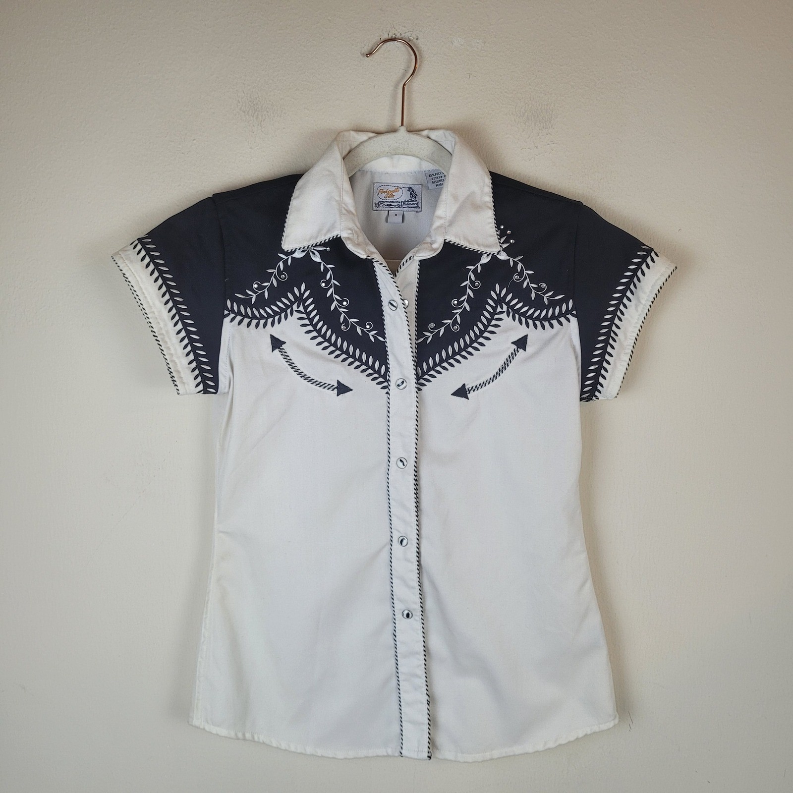VTG Panhandle Slim Shirt Sml Cream Black Embroidered Pearl Snap Western Cowgirl VTG Panhandle Slim Shirt Sml Cream Black Embroidered Pearl Snap Western Cowgirl