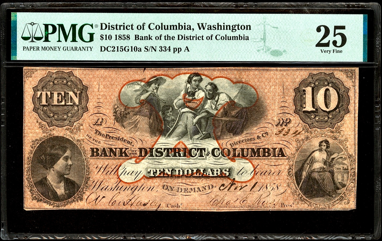Nov 1, 1858 Washington Bank Of The District Of Columbia $10 Note PMG VF25 SN#334