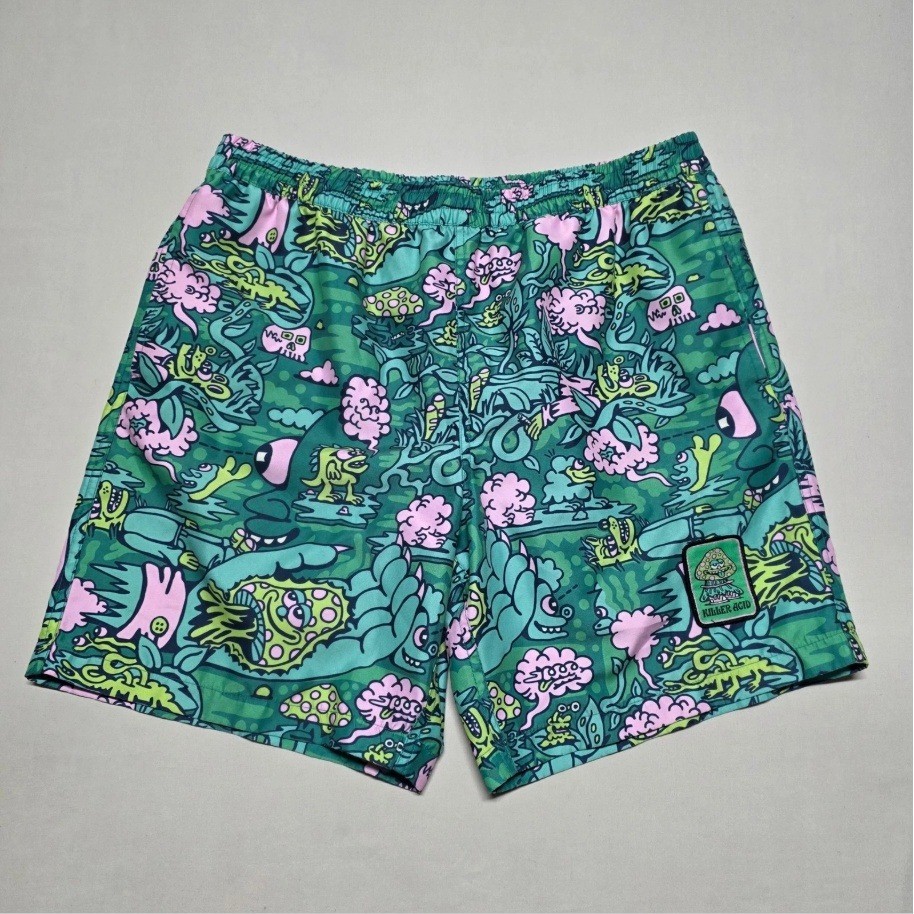 Killer Acid Men Psychedelic Monster Print Swim Trunks Green Pink Large Linerless