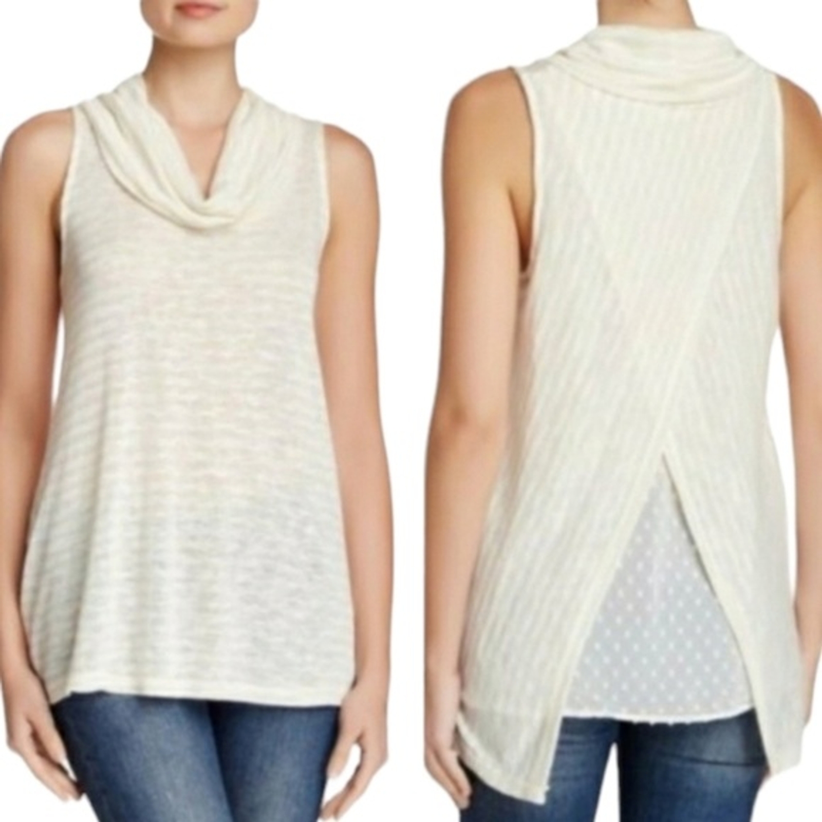 $65 PLEIONE Cream White Stripe Cowl Neck Sleeveless Split Back Small Top