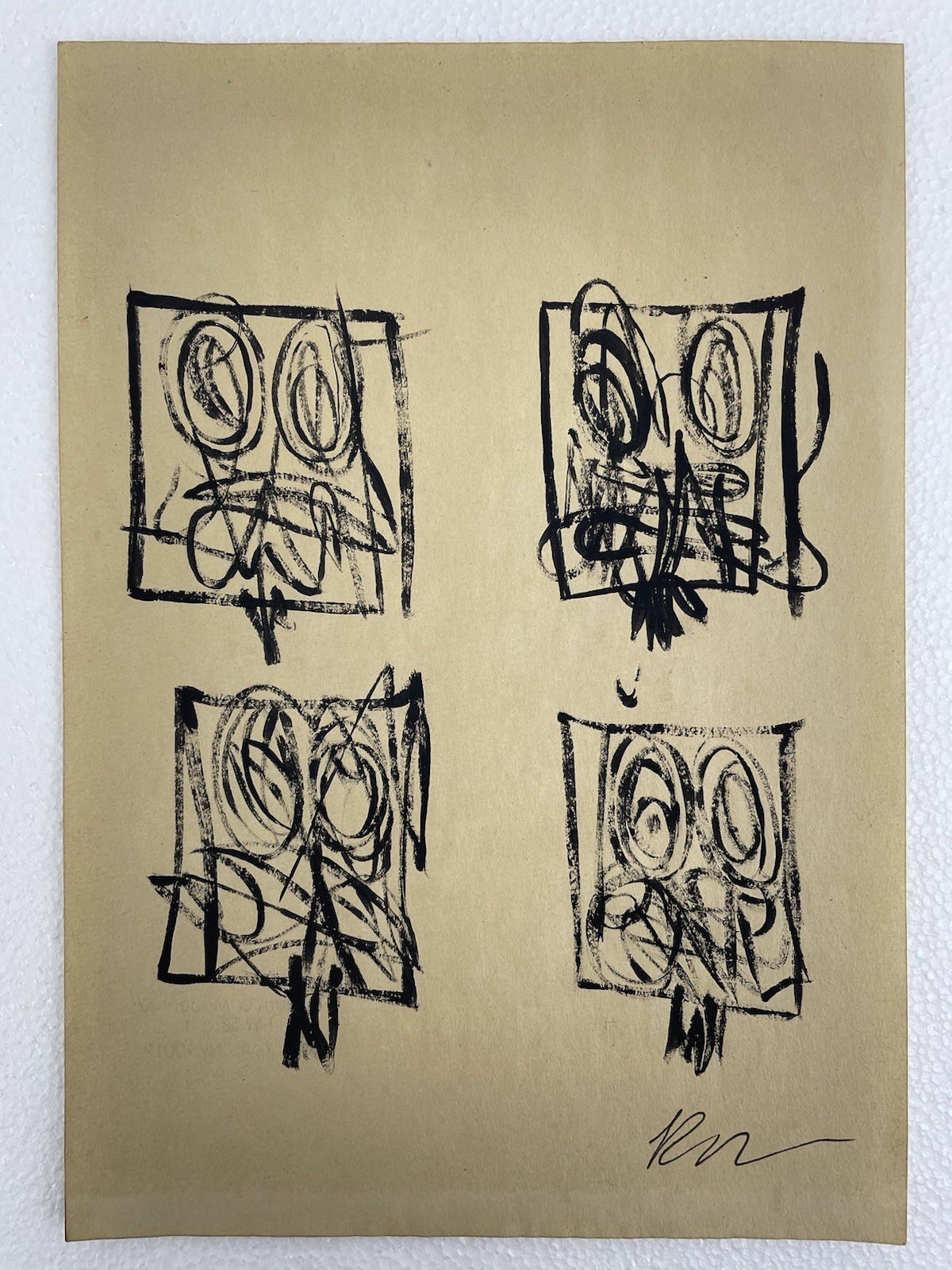Rashid Johnson drawing and painting on paper signed and stamped vintage
