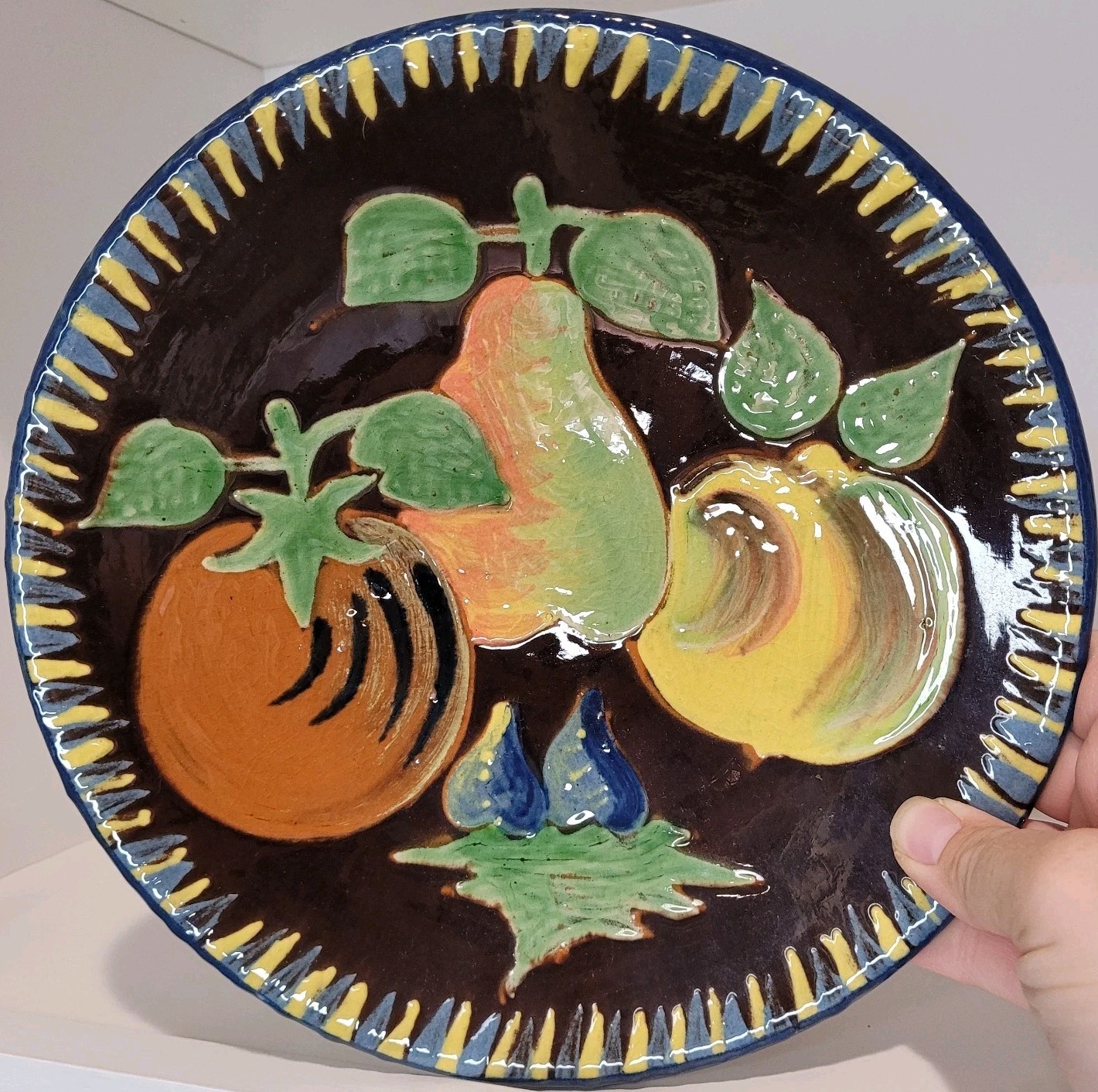 Vintage Italian Studio Pottery Embossed Fruit Plate Dark Glaze Sign Luigiolanta